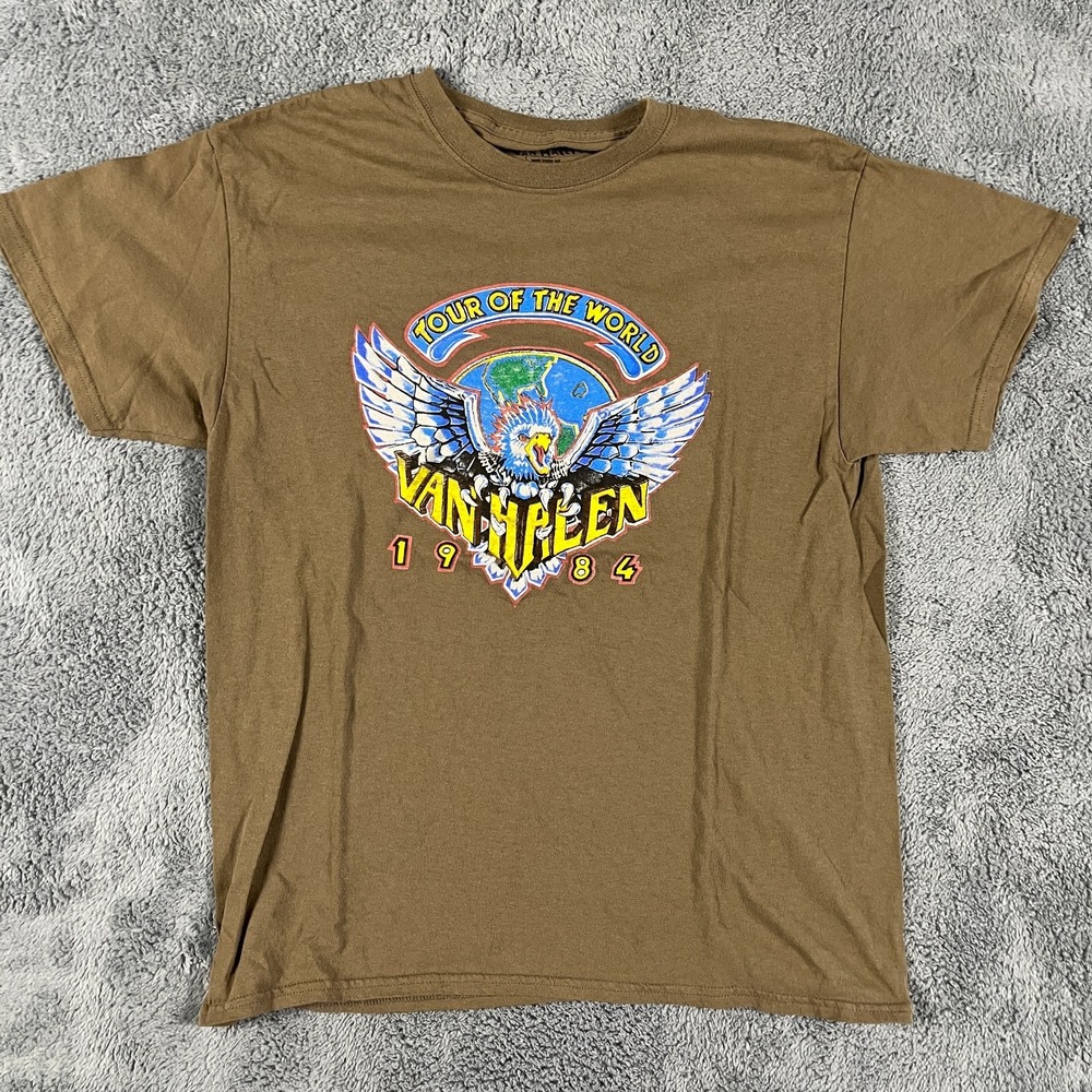 Van Halen 1984 Tour Of The World Graphic T-Shirt Mens Large Brown Summer Tee